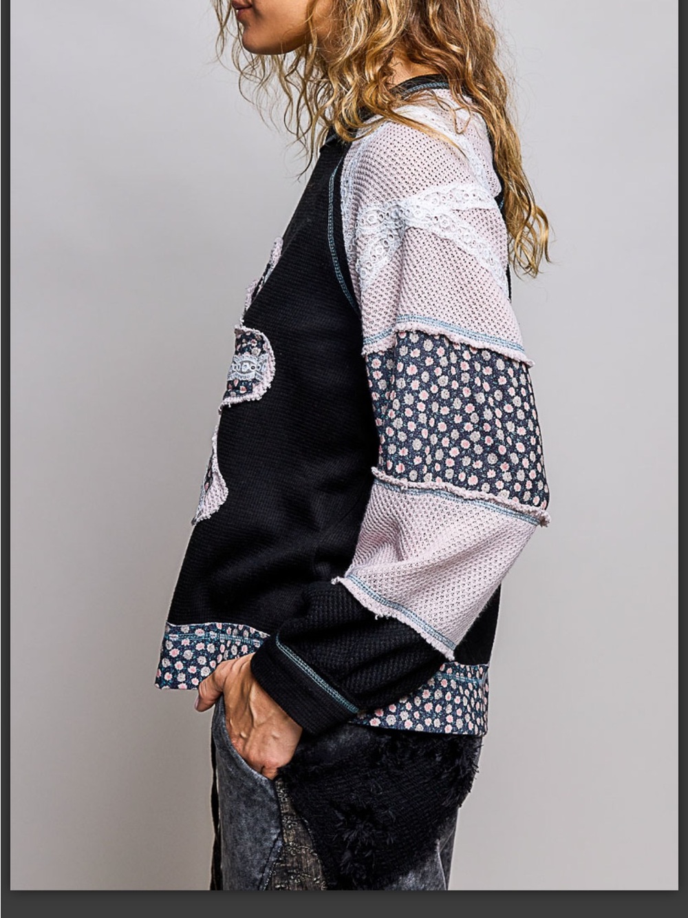 POL Thermal Waffle Knit Black & Pink Floral Patchwork Pullover Top - Picture 4 of 7